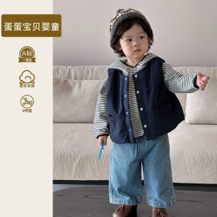 韩版男童分体两件套装春季宝宝马甲连帽卫衣牛仔裤春装婴幼儿衣服