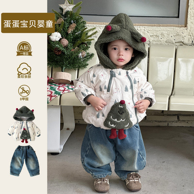 冬季男宝宝夹棉衣外套牛仔裤套装洋气小童冬装韩版婴幼儿时髦一岁