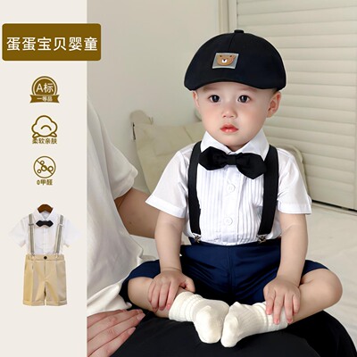 洋气男童西装套装夏季绅士男宝宝周岁礼服背带裤花童抓周生日帅气