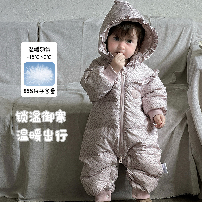 婴儿衣服冬季超萌女宝宝羽绒服连体衣冬装可爱小月龄连帽外套外出