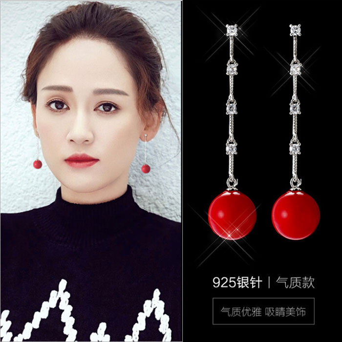 韩国红色耳坠新娘耳环超仙气质长款珍珠吊坠S925防过敏纯银针饰品