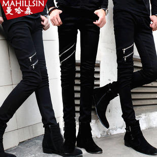 黑色拉链牛仔裤 男小脚裤 子韩版 新款 潮 子男长裤 男士 铅笔裤 春季 修身