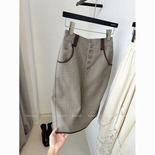 复古撞色拼接直筒半身裙女休闲职场通勤高级感气质OL百搭包臀中裙