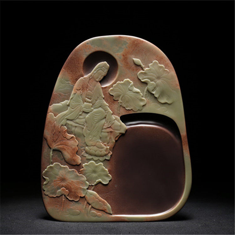 自然原石文房摆件实用收藏歙砚紫袍玉带原石砚 普度观音 文房四宝