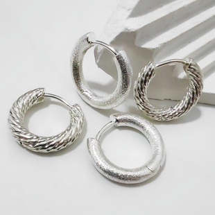 爆款通体S925纯银麻花拉丝粗胖圆圈实心耳环素圈极简气质女耳饰