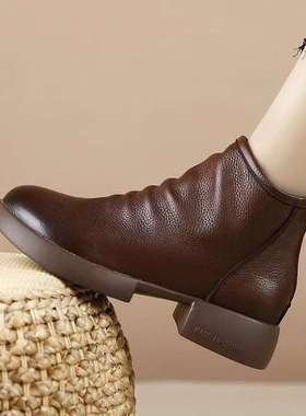 63508复古真皮短靴女新款粗跟休闲软底圆头马丁靴英伦百搭瘦瘦靴