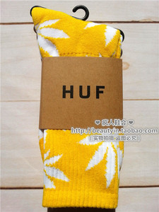 【正品】HUF枫叶袜子男女同款情侣潮流网红ins加厚毛圈中筒袜黄白
