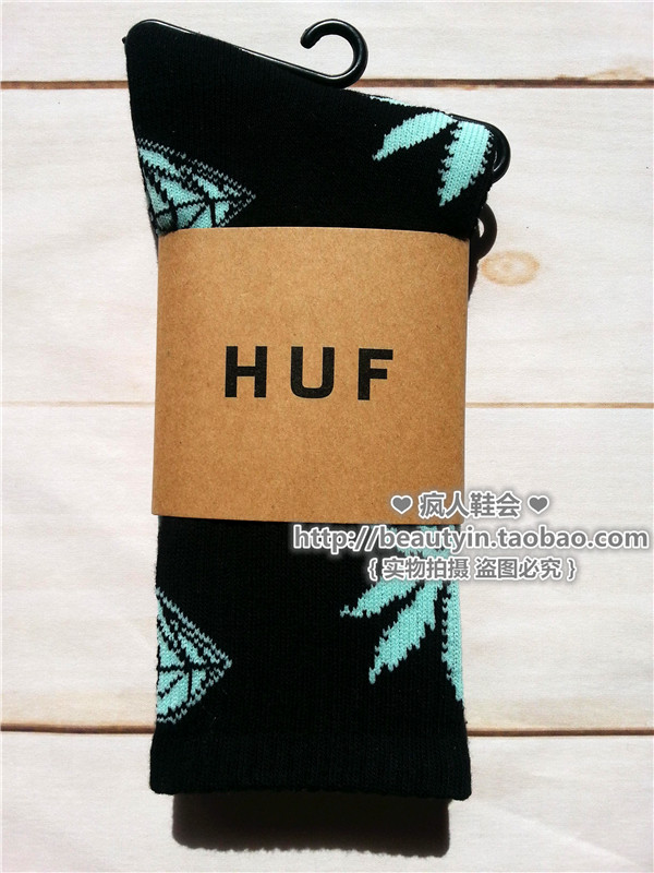 【正品】HUF枫叶袜子男女同款情侣潮流网红加厚毛圈中筒袜黑钻石