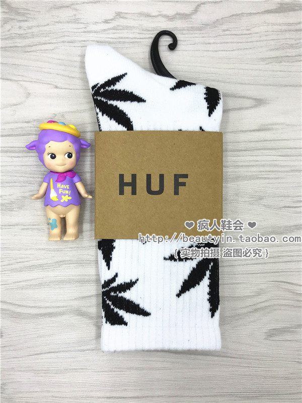 【正品】HUF枫叶袜子男女同款情侣潮流网红百搭ins春夏中筒袜白黑