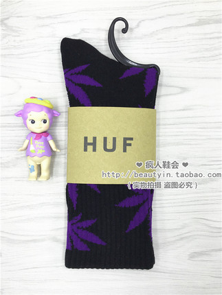 【正品】HUF枫叶袜子男女同款情侣潮流网红百搭ins春夏中筒袜黑紫