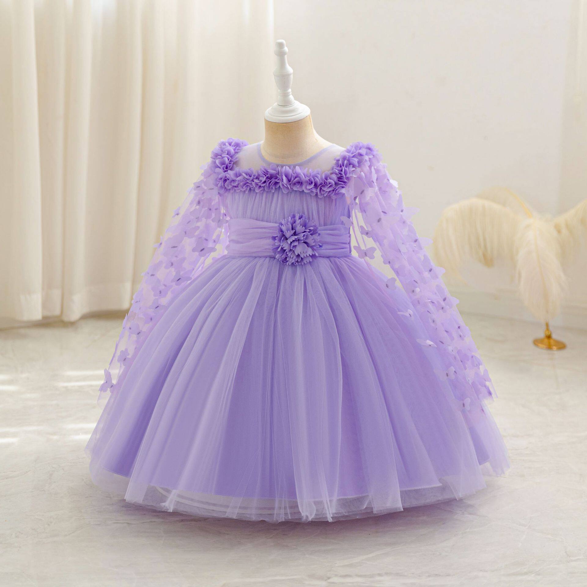 新款女童长袖蝴蝶周岁礼服儿童网纱立体花朵蓬蓬公主裙女童洗礼服