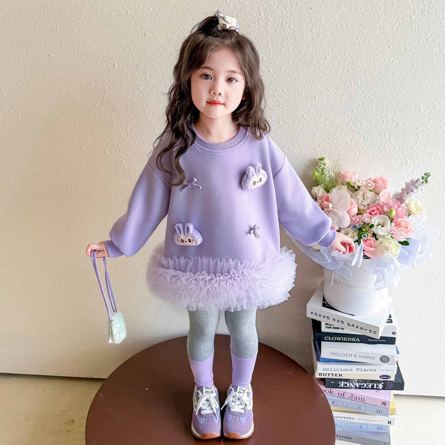 女宝小公主紫色网纱拼接卫衣中长款春装灰色弹力打底裤女童两件套