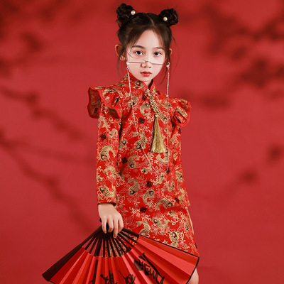 红色气质新款女童旗袍礼服中国风儿童国潮长袖唐装连衣裙春秋加厚