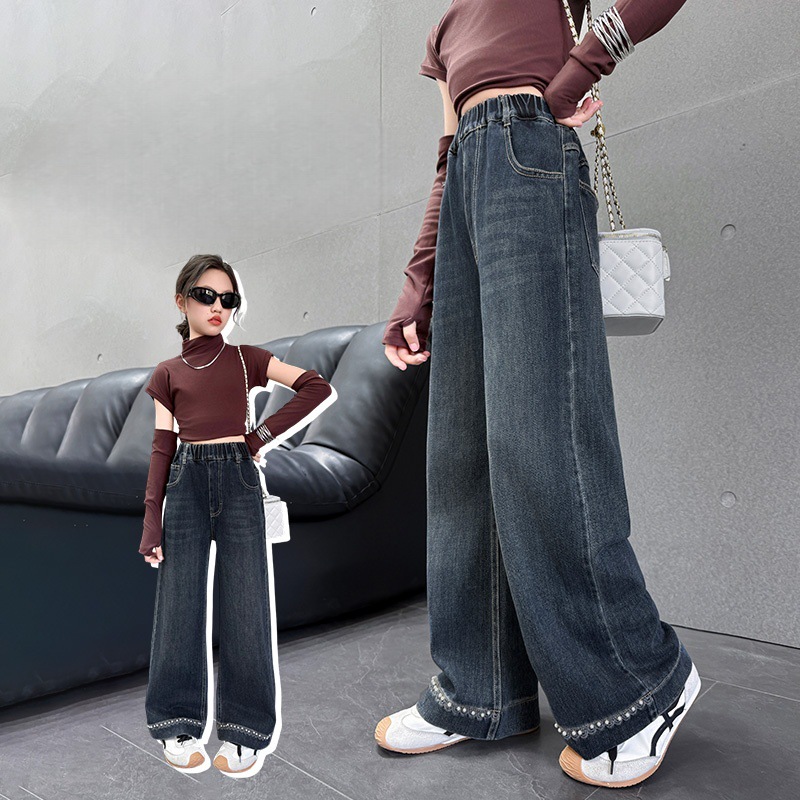 女童牛仔裤2025春秋新款女童洋气宽松中大童学生直筒阔腿裤