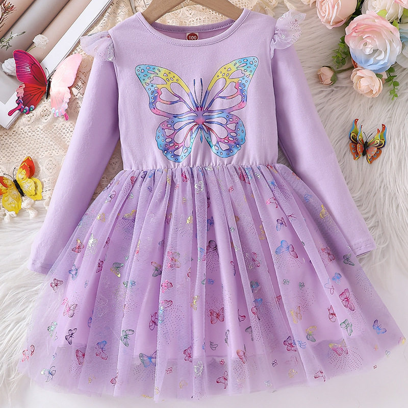 2025新款网纱女孩儿童春秋季蝴蝶印花蓬蓬公主裙长袖女童连衣裙