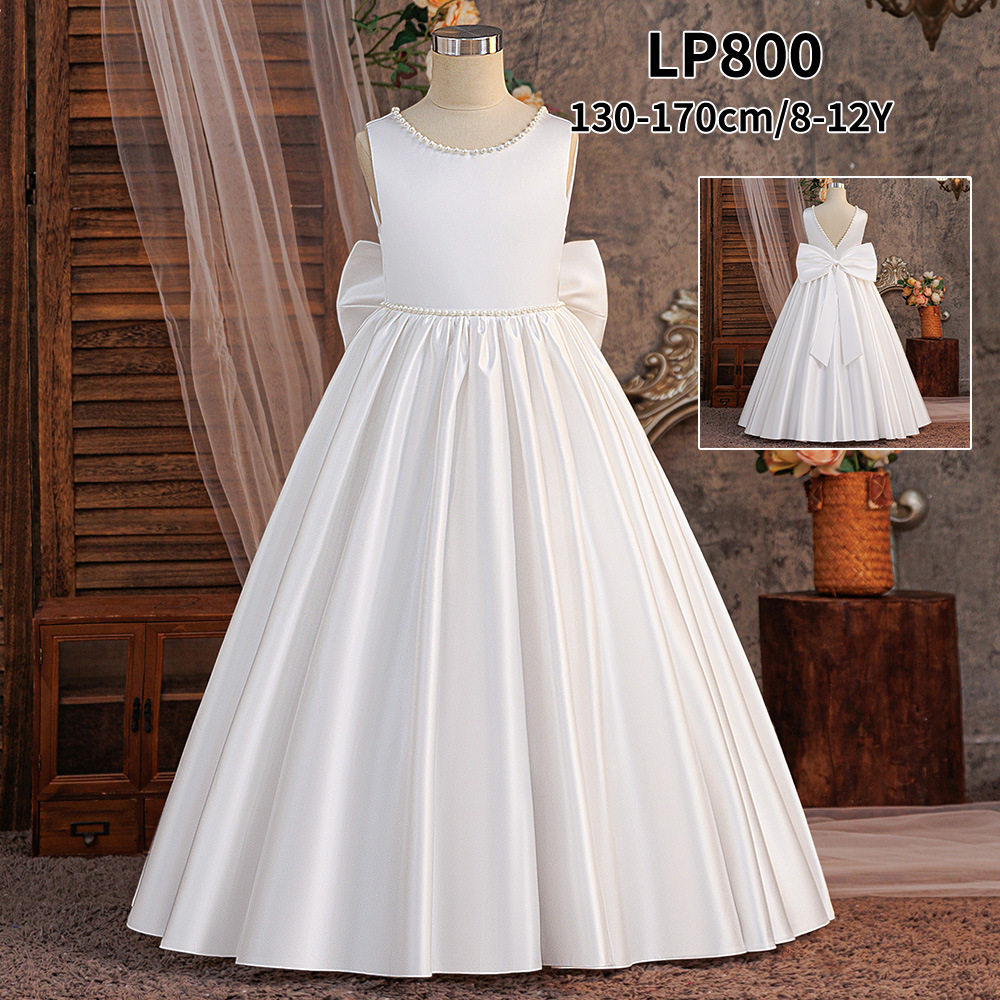 新款女童礼服中大童钉珠背后V领蝴蝶结蓬蓬公主裙儿童走秀婚纱裙