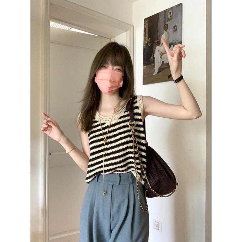 冰织撞丝色条纹空吊带rph小背心女夏季宽松短款坎针肩无镂袖上衣