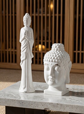 侘寂风做旧陶瓷佛头玄关软装饰品