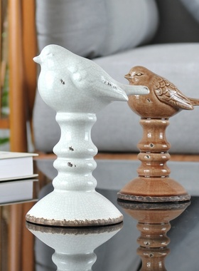 复古侘寂风陶瓷立柱鸟儿童房摆件