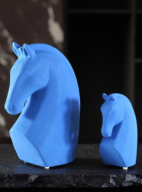 中古侘寂风陶瓷哑蓝橙色浅咖马头雕塑摆件家居玄关电视柜酒柜饰品