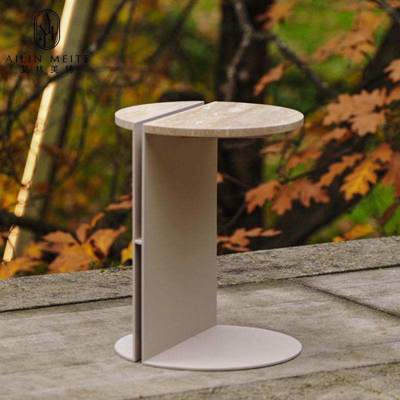 侘寂风轻奢天然大理石沙发边几简约可移动客厅小茶几圆形床头桌