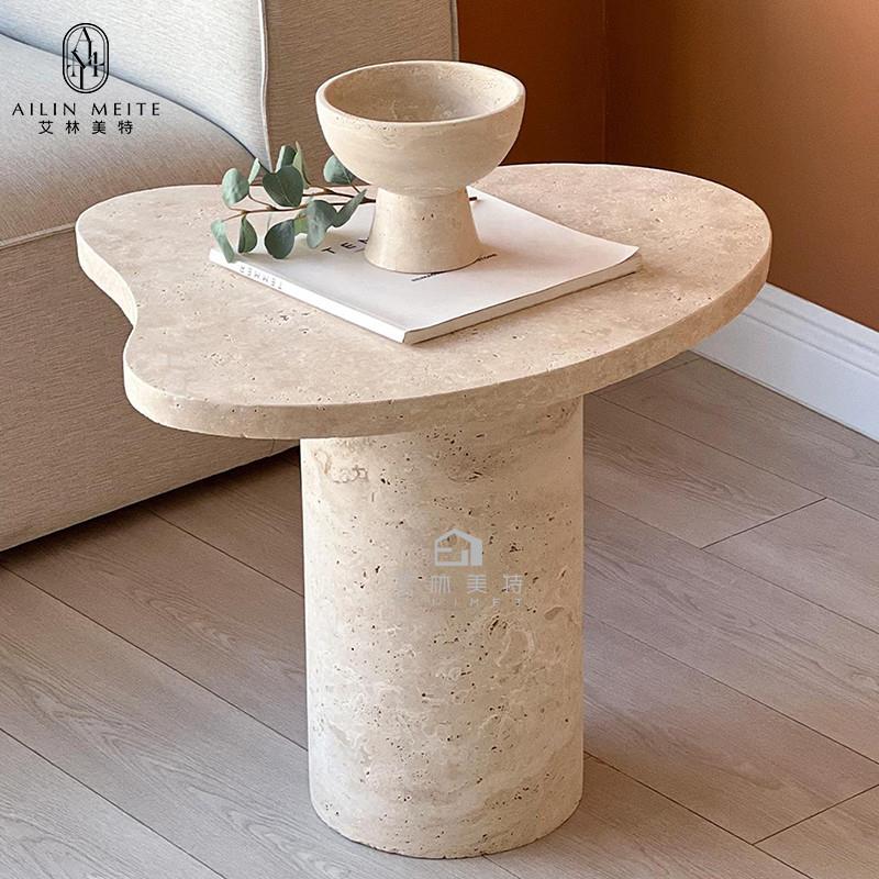 侘寂风设计师款轻奢高级感洞石边几异形客厅沙发大理石小茶几角几