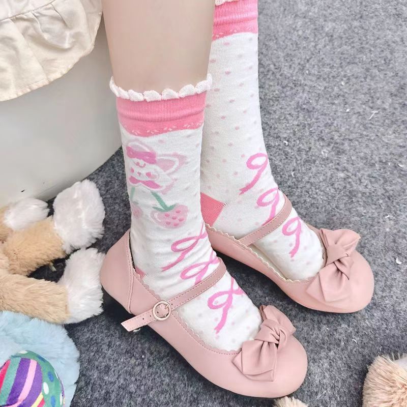 洛丽塔原创可爱袜子女日系少女jk粉色甜美蝴蝶结中筒袜软妹公主风