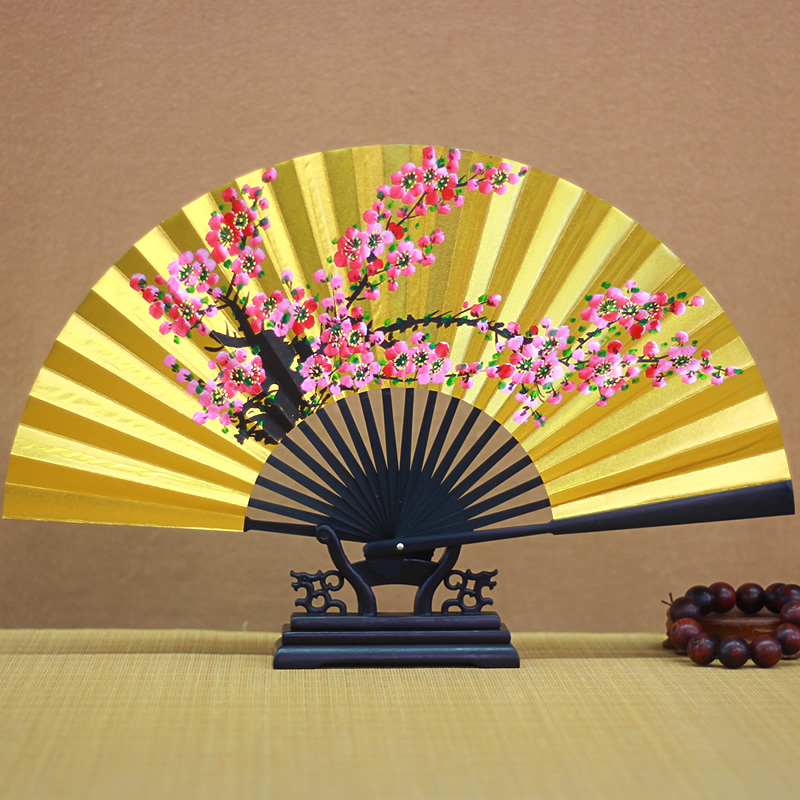 中国风手绘扇子男士贵妃醉酒金色