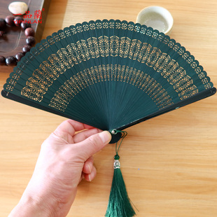 中国风全竹扇子古风女式 简约折扇夏墨绿 随身便携小扇雕刻镂空日式