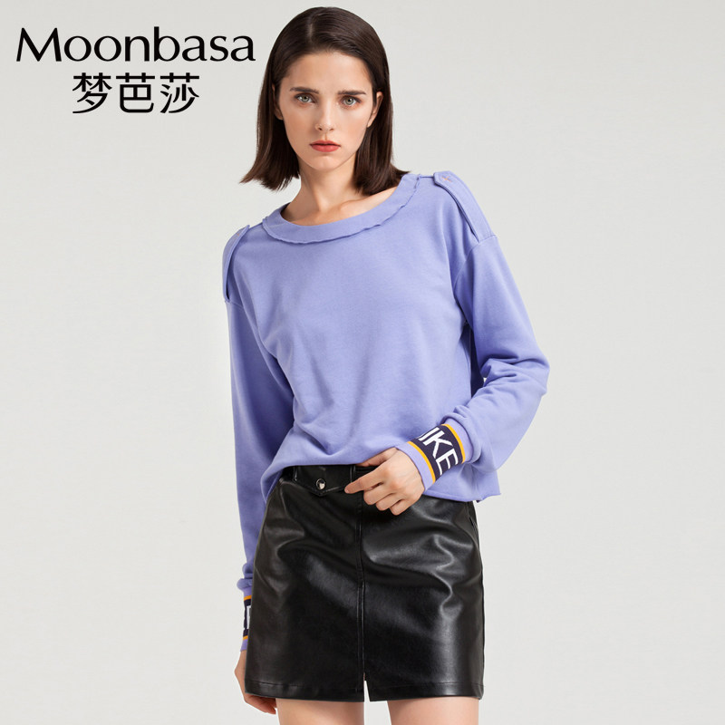 Moonbasa/梦芭莎时尚休闲圆领短款长袖套头薄卫衣女韩版宽松秋款