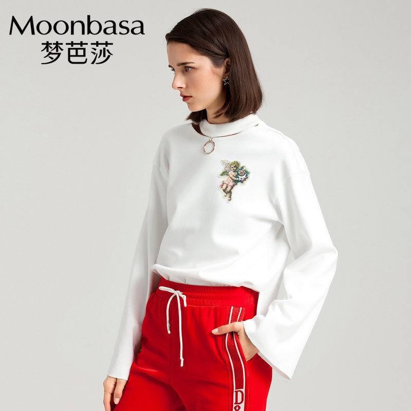 Moonbasa/梦芭莎领口镂空小A袖印花韩版宽松早秋卫衣女潮短款上衣