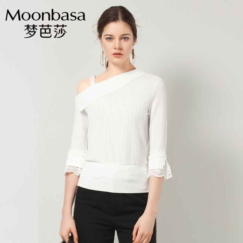 梦芭莎2020春夏季性感镂空露肩针织打底衫T恤女白色休闲上衣