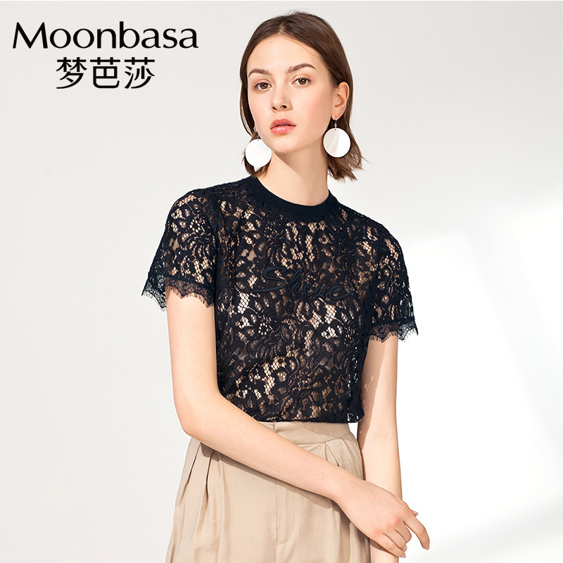 梦芭莎短袖t恤宽松休闲时尚优雅修身黑色绣花蕾丝上衣衬衫春夏白