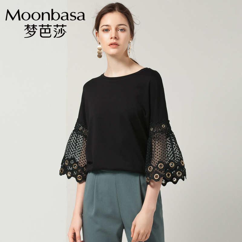 Moonbasa/梦芭莎倒梯形宽松款立体蕾丝和金属环装饰七分袖T恤