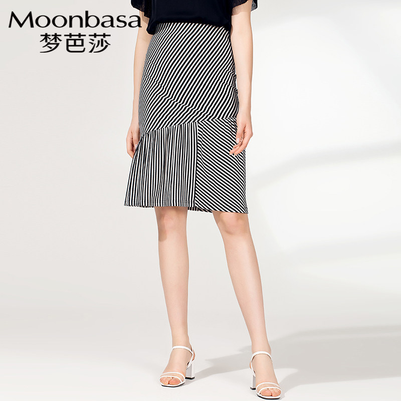 Moonbasa/梦芭莎女装2019春秋新款a字半身裙女中长款条纹高腰裙子