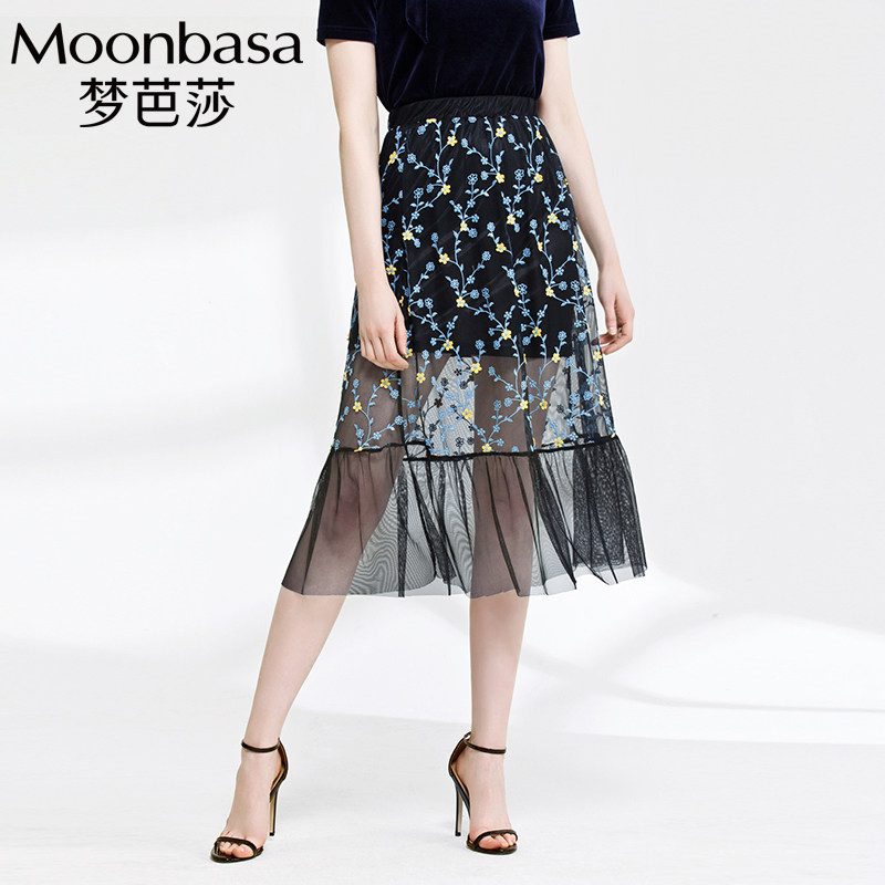 梦芭莎女装半身裙中长款女2019新款夏高腰仙女网纱拼接蕾丝a子裙