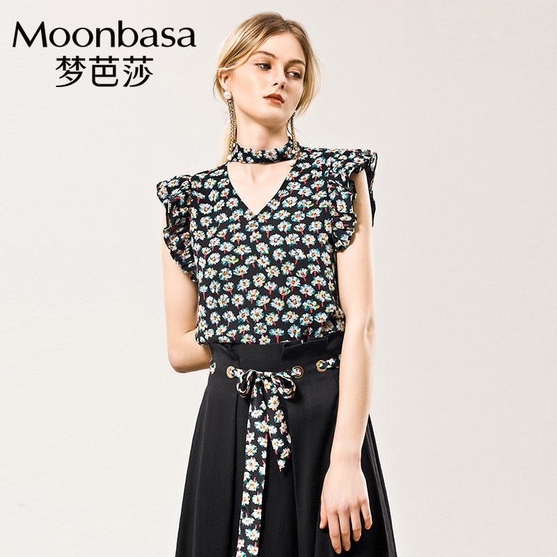 Moonbasa/梦芭莎舒适韩国雪纺丝印花双层荷叶袖套头蕾丝衫