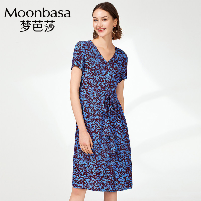 Moonbasa/梦芭莎连衣裙中长款2019夏新品时尚V领绑带蝴蝶结印花裙