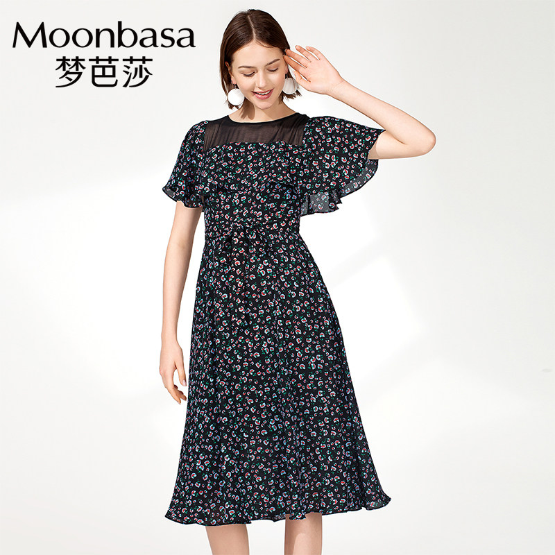 梦芭莎女装大码连衣裙女胖mm2019夏新款高贵优雅气质印花裙