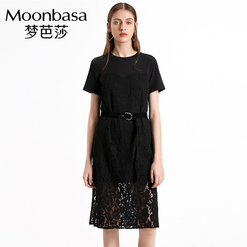 Moonbasa/梦芭莎女装气质双层假两件创意蕾丝拼接短袖圆领连衣裙