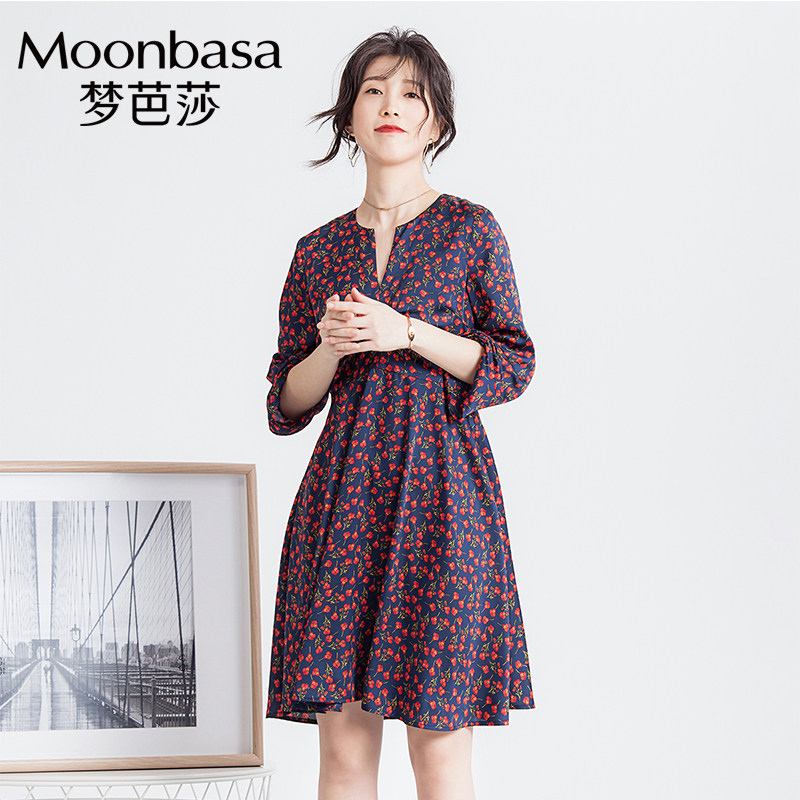 Moonbasa/梦芭莎女装八分袖连衣裙中长款2019春夏新款收腰碎花裙