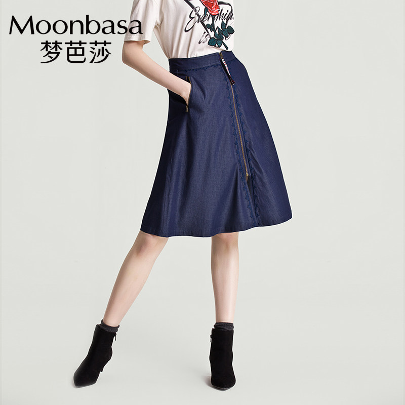 Moonbasa/梦芭莎女装2019秋季新款a字高腰中长款牛仔半身裙女伞裙