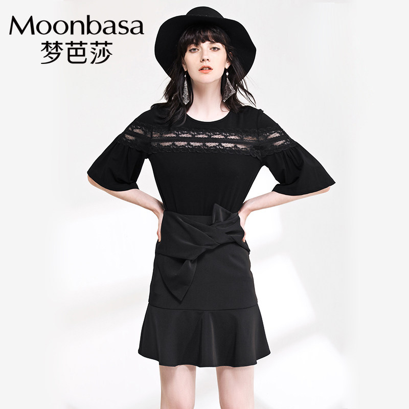 Moonbasa/梦芭莎2018春装新品浪漫时尚百搭蕾丝拼接T恤