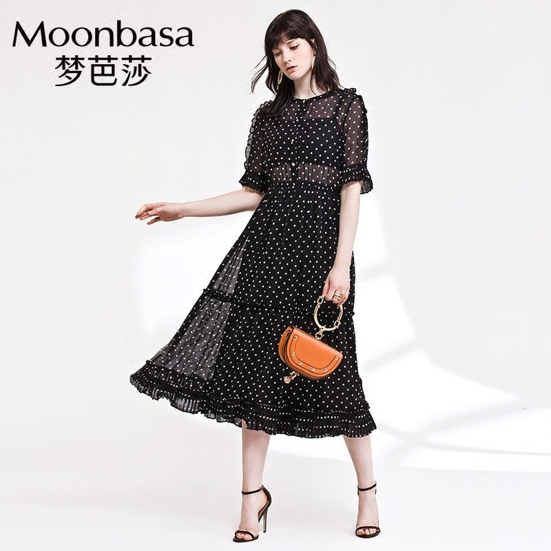 Moonbasa/梦芭莎超仙长裙女2018春装新品时尚气质黑色波点连衣裙