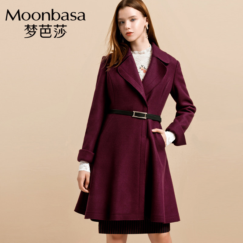 梦芭莎时尚优雅酒红色羊毛呢中长款翻领大衣保暖外套冬2019送腰带