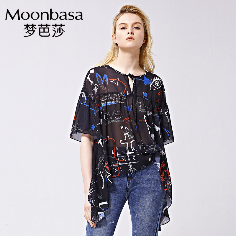 Moonbasa/梦芭莎波普印花圆领夏季百搭新款雪纺衫透视网纱上衣女