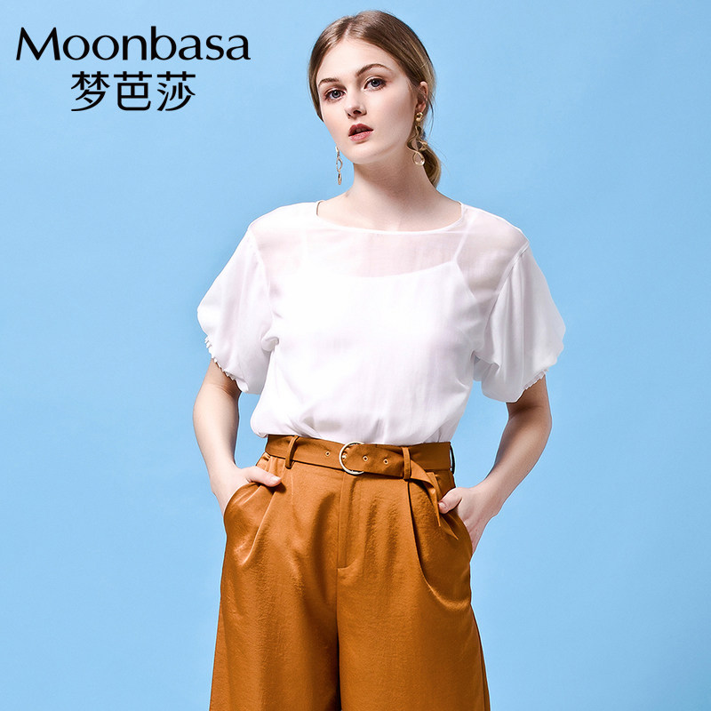 Moonbasa/梦芭莎人丝百褶泡泡袖百搭小衫雪纺仙女上衣超仙夏季