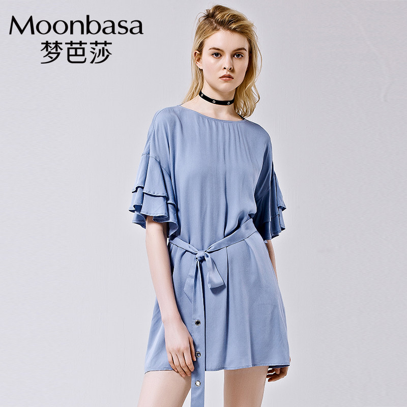 Moonbasa/梦芭莎宽松版层叠荷叶边袖中长款连衣裙