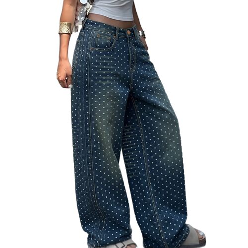 2026欧美圆形波点印花直筒阔腿牛仔裤women jeans trousers loose