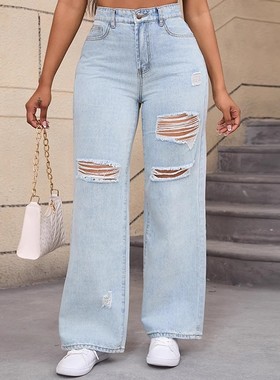 2024高质量气质破洞阔腿裤牛仔裤女 women loose jeans trousers